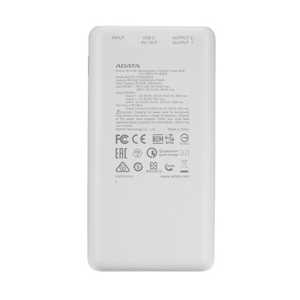 Adata P20000QCD Powerbank 20000MAH White