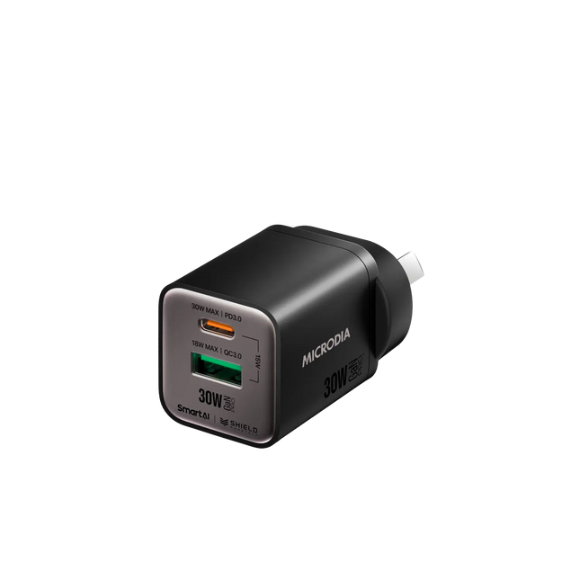 MICRODIA SMARTCube™ Nano 30W GaN Pro Wall Charger, Dual-Port - Charcoal