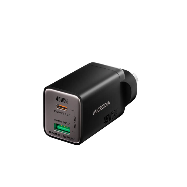 MICRODIA SMARTCube™ Nano 45W GaN Pro Wall Charger, Dual-Port - Charcoal